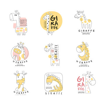 Cute little giraffe logo template original design set, vector Illustrations can be used for baby or toys shop, kids club