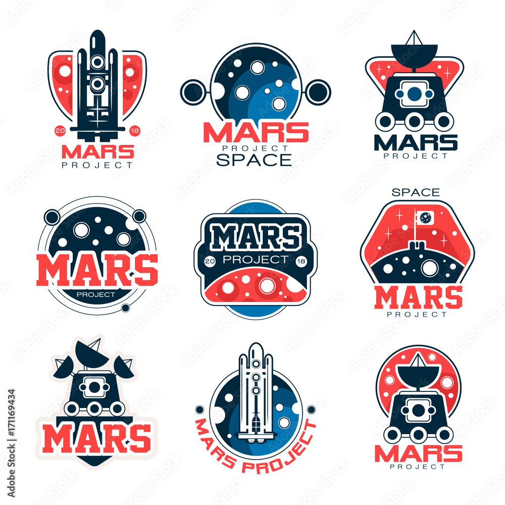 Poster mars project labels set, mars colonization program vector illustrations
