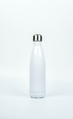 White thermos bottle with sport design on white background with copy space