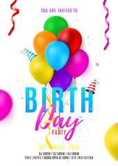 Birthday party colorful flyer template. Beautiful background with colorful balloons. Vector illustration with confetti and serpentine. Invitation to nightclub.