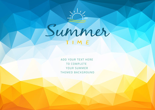 Polygonal shapes Summer time background with text - illustration.
Polygonal shapes vector illustration of a glowing Summer time background.