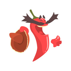 Funny cartoon red pepper character with sombrero, mexican traditional humanized food in traditional clothes vector Illustration
