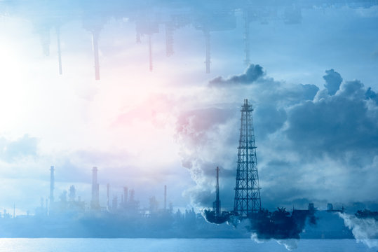Double Exposure image of Oil Refinery Industry Plant in Bangkok, Thailand in blue and white mood and tone. Conventional energy concept.