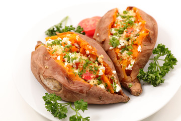baked sweet potato with cheese and herbs