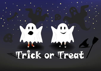 children in the costume of ghosts scare people against the background of the night sky. Trick or treat text