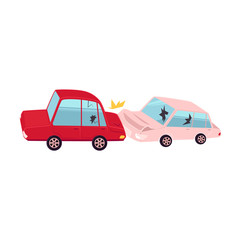 vector flat cartoon car crash, accident. Red vehicle crashed into pink one, both have dents, broken glasses, scratches. Isolated illustration on a white background.
