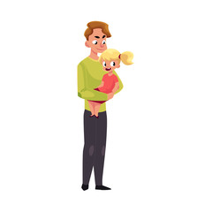 Young handsome father, dad holding little daughter in arms, cartoon vector illustration isolated on white background. Cartoon style portrait of young father holding his little kid, daughter in arms