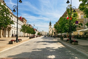 Warsaw, Poland - August 2, 2017: Architecture and people on the street New World in Warsaw.