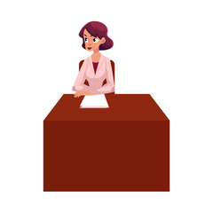 Young woman doctor, therapist sitting at her desk with medical, patient chart, cartoon vector illustration isolated on white background. Cartoon woman doctor sitting at table, ready to see a patient