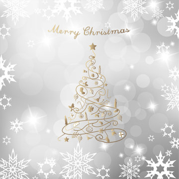 Christmas tree on silver background and Merry Christmas text.