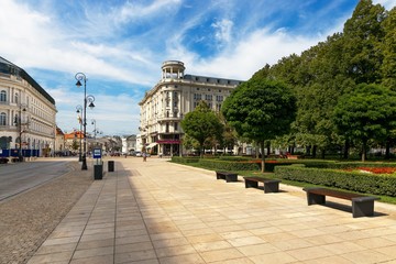 Warsaw, Poland - August 2, 2017: Architecture and people on the street New World in Warsaw.