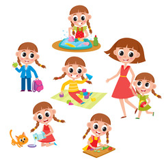 Daily routine set, little girl washing dishes, helping mother, feeding cat, going to school, cooking, playing, cartoon vector illustration isolated on white background. Daily routine set, little girl