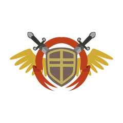 Medieval coat of arms with crossed swords and wings, colorful vector Illustration