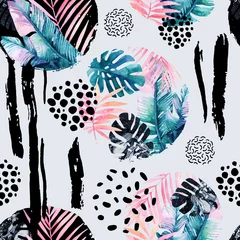 Papier Peint photo Lavable Impressions graphiques Abstract natural seamless pattern inspired by memphis style. Circles filled with tropical leaves, doodle, grunge texture, rough brush strokes. Hand painted watercolour illustration