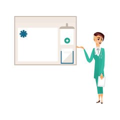 Fototapeta premium vector flat cartoon woman doctor in green medical clothing with sthetoscope holding clipboard with blank paper showing information at hospital board. Isolated illustration on a white background.