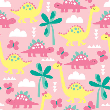 seamless pink dinosaur animal pattern vector illustration