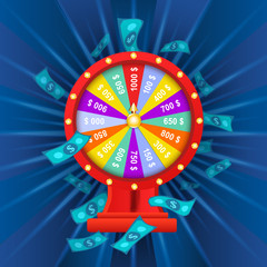 vector flat cartoon lucky wheel of fortune with dollar rain around. Illustration on a blue background. Sign of profit, easy money. Casino, gambling games design poster
