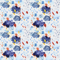 Watercolor falling leaves and shower seamless pattern.