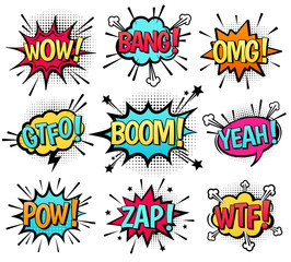 Comic speech bubble set with  text: Wow, Bang, Omg, Gtfo, Boom, Yeah, Pow, Zap, Wtf. Vector cartoon explosions with different emotions isolated on white background. - obrazy, fototapety, plakaty