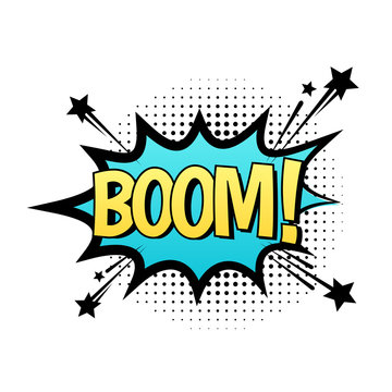 BOOM vector speech bubble. Cartoon comic explosion with text "boom". Illustration isolated on white background.