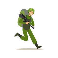 Infantry troops soldier character in camouflage combat uniform and backpack running with weapon vector Illustration