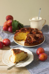 Plum pie or cake with cinnamon and sugar. Selective focus.