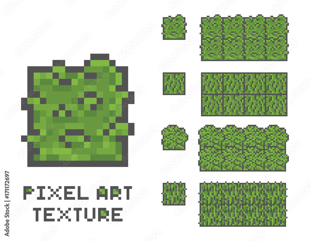 Aufkleber pixel art 8 bit game sprite illustration. green grass tree pixelated pattern, seamless texture backg