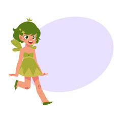 Vector fairy girl illustration on white background. Cute cartoon smiling child with butterfly wings wearing queen crown with bubble speech. Magic, flying kid holding magic star wand.
