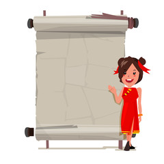 Cute Chinese female with old vintage paper to presentation. asian concept - vector illustration
