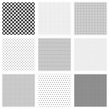 Halftone dots seamless pattern set. Polka dot net textures or dots grid wallpapers, vector illustration