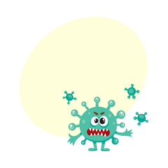 Ugly green virus, germ, bacteria character with human face, cartoon vector illustration with space for text. Scary bacteria, virus, germ monster with human face and sharp teeth