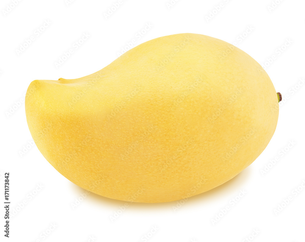 Poster yellow mango isolated on a white. detailed retouch.