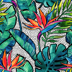 Watercolor tropical leaves and flowers with contour seamless pattern.