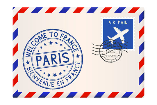 Touristic stamp Welcome to France, Paris. On an envelope