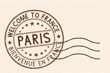 Welcome to Paris, France. Tourist brown stamp on beige background