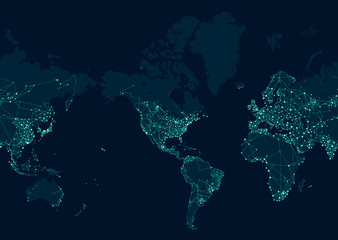 Fototapeta premium Mapa sieci komunikacyjnej świata, skoncentrowana na kontynencie amerykańskim