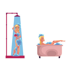 vector cartoon adult blond cute woman washing in bathtub, relaxing in bubble bath, another taking shower. Cartoon female character set, isolated illustration on a white background.