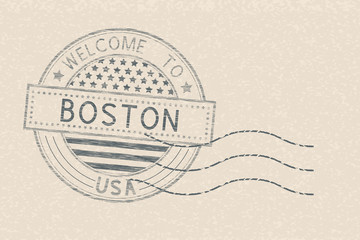 Welcome to Boston, USA. Tourist stamp with US national flag on beige background