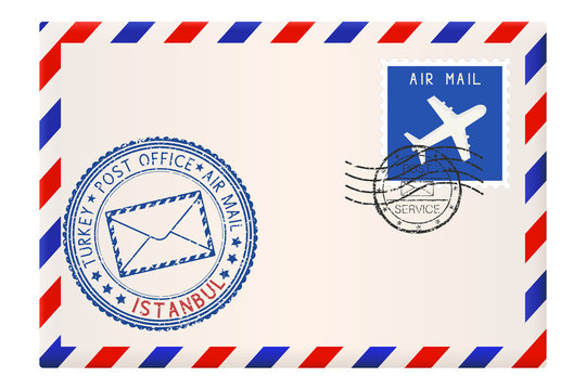Envelope with Istanbul Turkey stamp. International mail postage with postmark and stamps