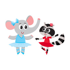 Cute little elephant and raccoon, puppy and kitten characters dancing ballet together, cartoon vector illustration isolated on white background. Little raccoon and elephant ballet dancers, ballerinas