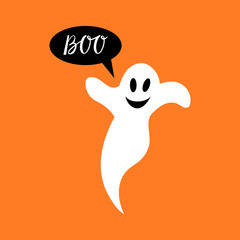 Boo modern inscription with a ghost. Background for Halloween