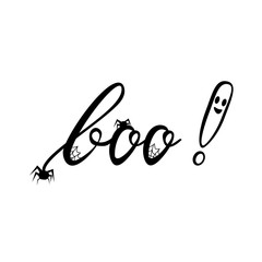 Boo modern inscription with a ghost and spider. Background for Halloween