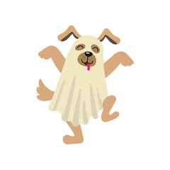 vector flat cartoon funny dog puppy dressed up in bedsheet like ghost dances sticking out his tongue . Isolated illustration on a white background. Fancy Halloween outfit for an animal concept