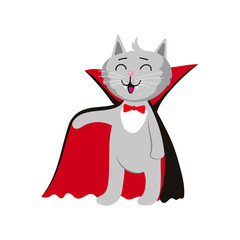 vector flat cartoon funny cat dressed up like vampire count Dracula in devilish cloak, cape laughing. Isolated illustration on a white background. Fancy Halloween outfit for an animal concept