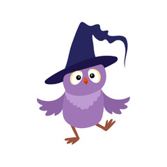 vector flat cartoon funny purple owl dancing in big blue witch, wizard pointed hat. Isolated illustration on a white background. Fancy Halloween outfit for an animal concept