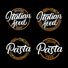 Set of Italian food and Pasta hand written lettering logo, label, badge, emblem.