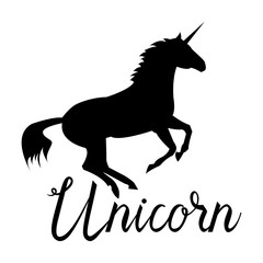 Unicorn mythical horse in silhouette. Unicorn with inscription