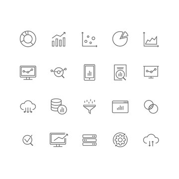 Set of 20 data analysis thin line icons.