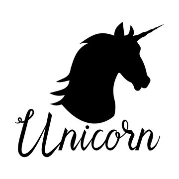 Unicorn head mythical horse in silhouette. Unicorn with inscription