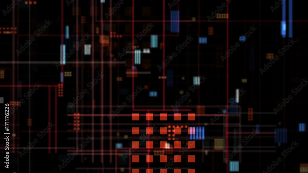 Poster 3d rendering loopable sequence with camera passing through 2dgfx elements. lines, squares and other 